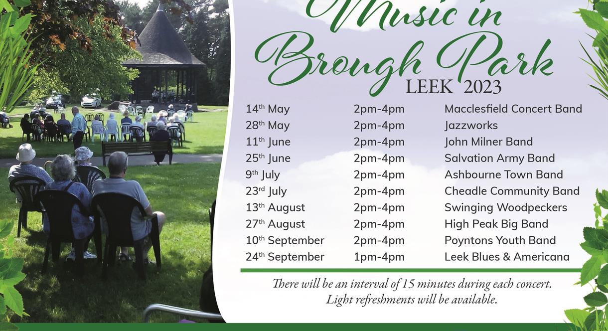 A graphic showing the line-up of musical acts performing at Brough Park, Leek, Staffordshire this Spring/Summer