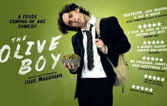 Image shows a graphic promoting The Olive Boy, with a selection of quotes from reviewers