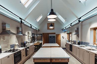 Image shows the kitchen at Perry's Field to Fork, ready for action before guests arrive
