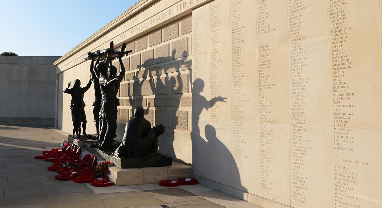 The Armed Forces Memorial bathed in sunlight at the National Memorial Arboretum, Staffordshire