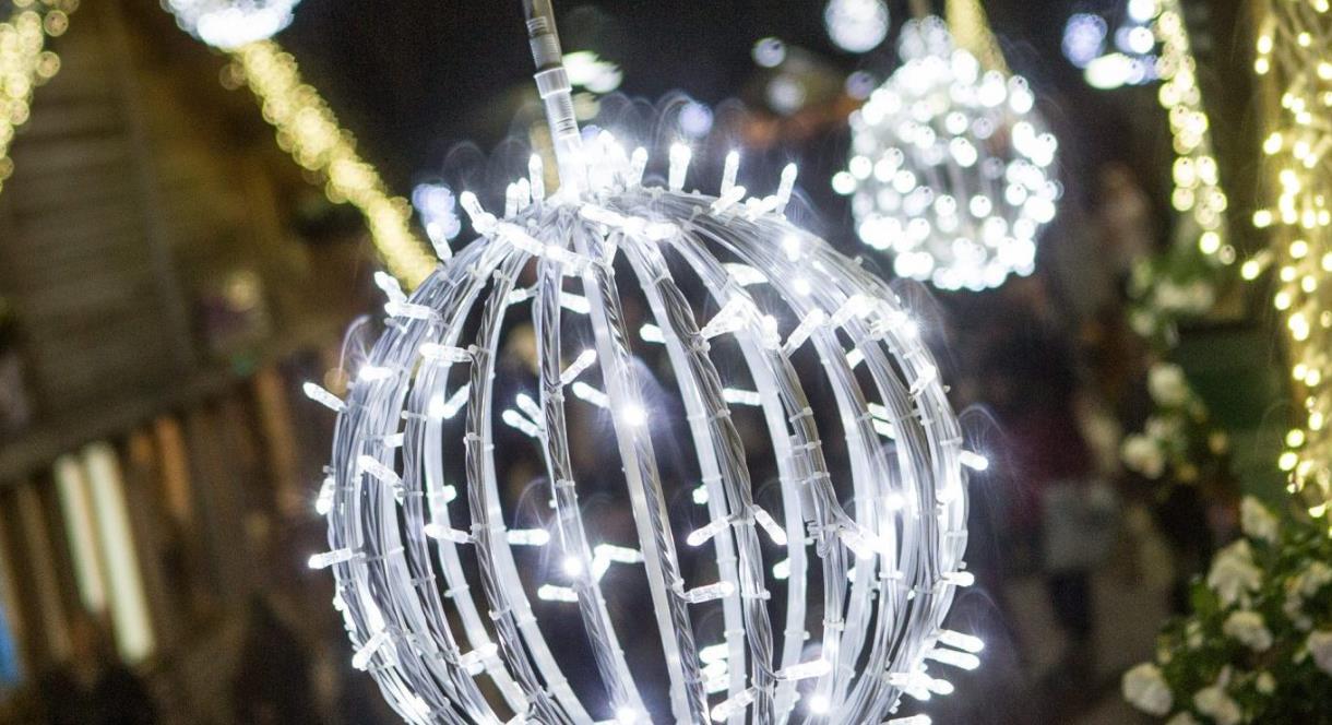 Image shows a huge, glittering Christmas decoration at the Shopping Village at The Trentham Estate