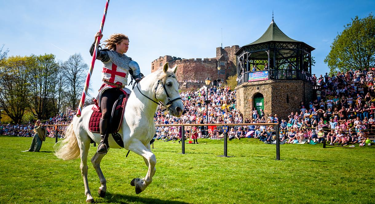 A knight, on horseback, ready for his jousting contest at Tamworth Castle Grounds, Staffordshire