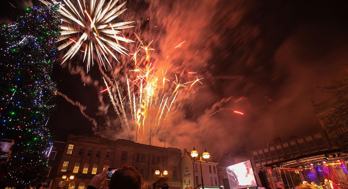 Christmas lights switched-on in Stafford Market Square with fireworks display