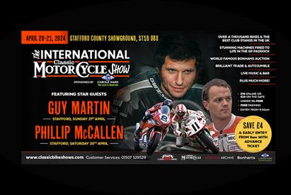A graphic showing reasons to visit the International Classic Motorcycle Show, including appearances by Guy Martin and Phillip McCallen
