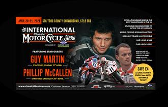 A graphic showing reasons to visit the International Classic Motorcycle Show, including appearances by Guy Martin and Phillip McCallen