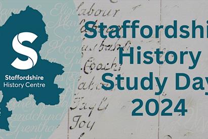 A graphic which says Staffordshire History Study Day 2024, alongside an outline of Staffordshire