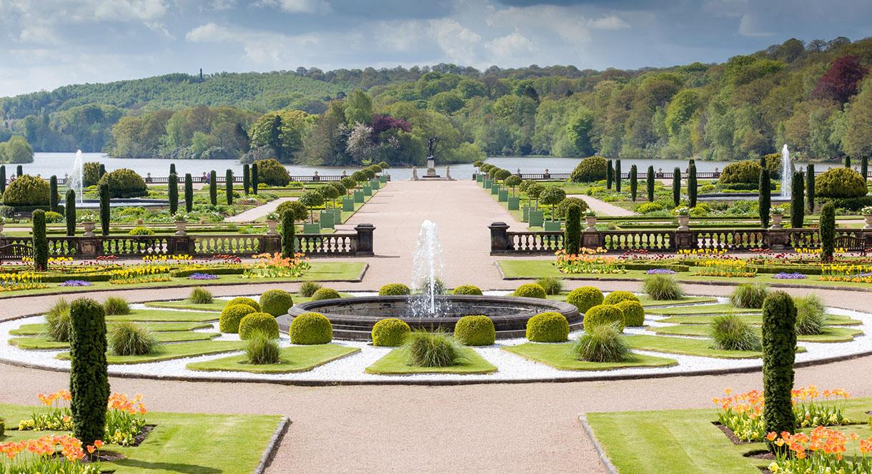 The Italian garden with lake beyond at the Trentham Estate, Stoke-on-Trent, Staffordshire.