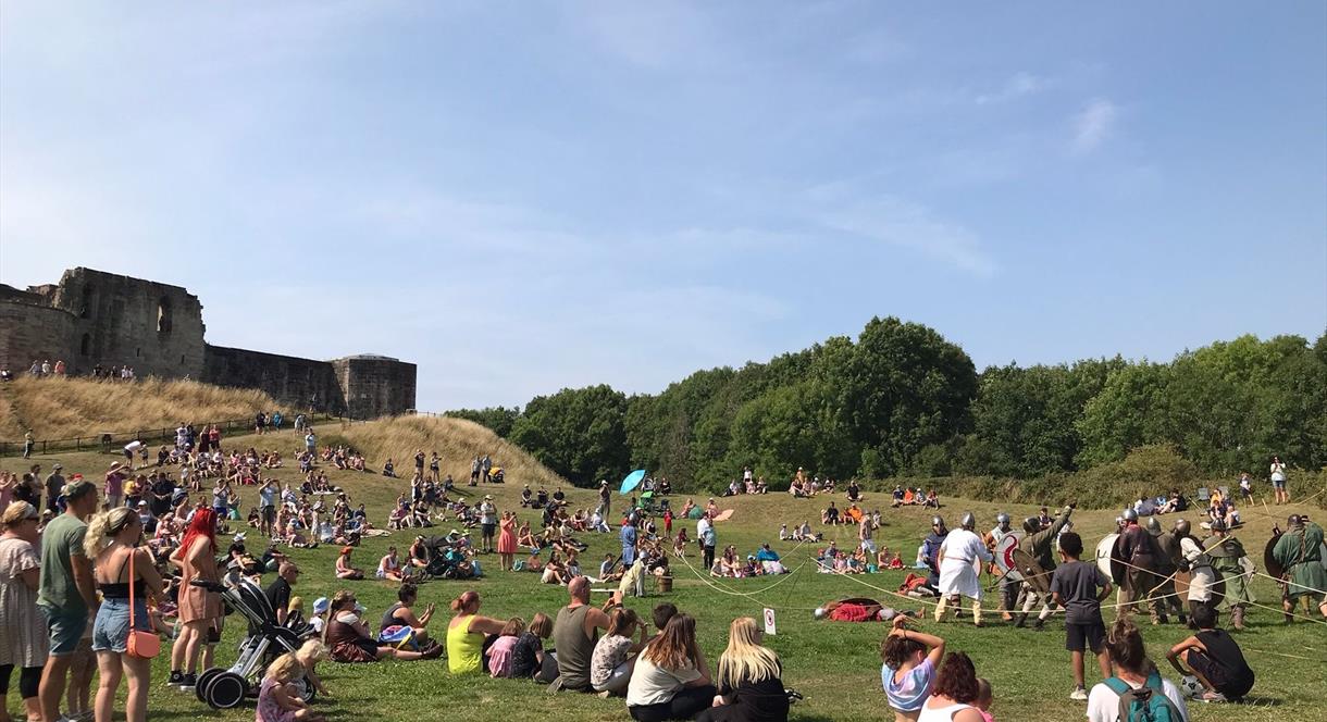 Crowds gather on a glorious day for an event at Stafford Castle, Staffordshire