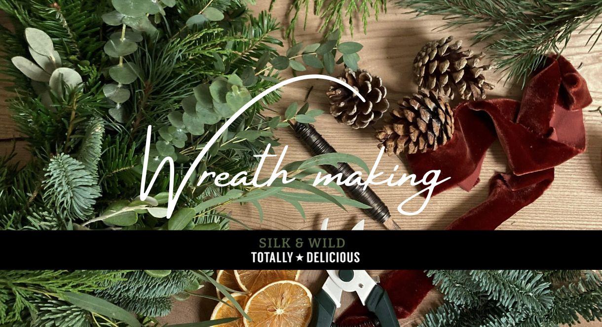 Image is a graphic promoting the wreath making event, featuring leaves, seeds and other materials you'll need