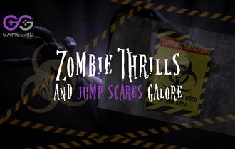 Image is a graphic which says Zombie Thrills and Jump Scares Galore