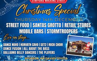 Image shows a graphic with the details of the Christmas Special of Stafford Walking Street, on Thursday 14th December
