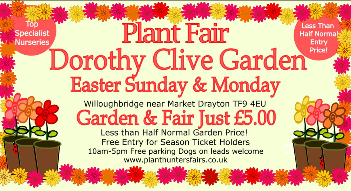Image shows a graphic with all the details of the Easter Plant Hunters Fair at the Dorothy Clive Garden