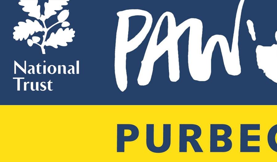 Blue and Yellow Purbeck Art Weeks logos with the National Trust logo beside them.