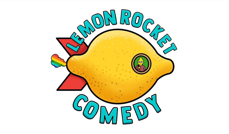 A cartoon image of a lemon headed man inside a lemon rocket