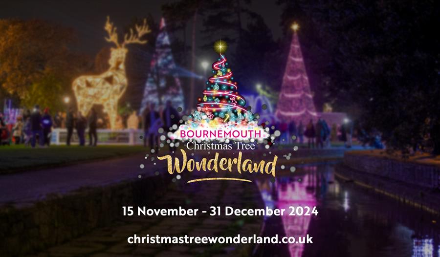 Blurred image of christmas illuminations with the Bournemouth Christmas Tree Wonderland Logo, dates of the 2024 event (15 Nov - 31 Dec 2024) and the w