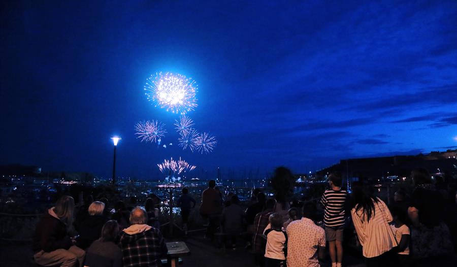 Families watching over Plymouth sound whilst fireworks are being let off on the breakwater.