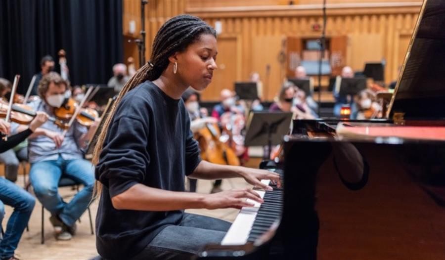 An image of a woman playing the piano