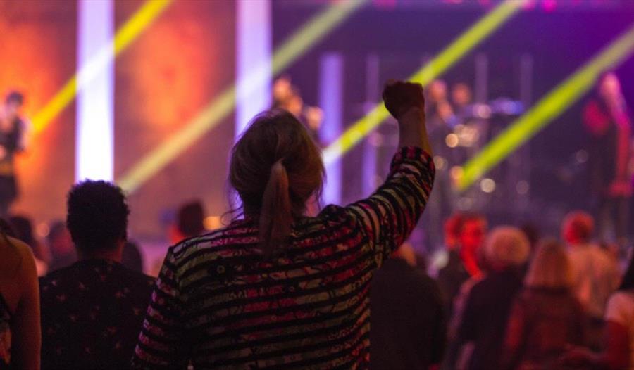 Woman watching a concert with right arm in the air