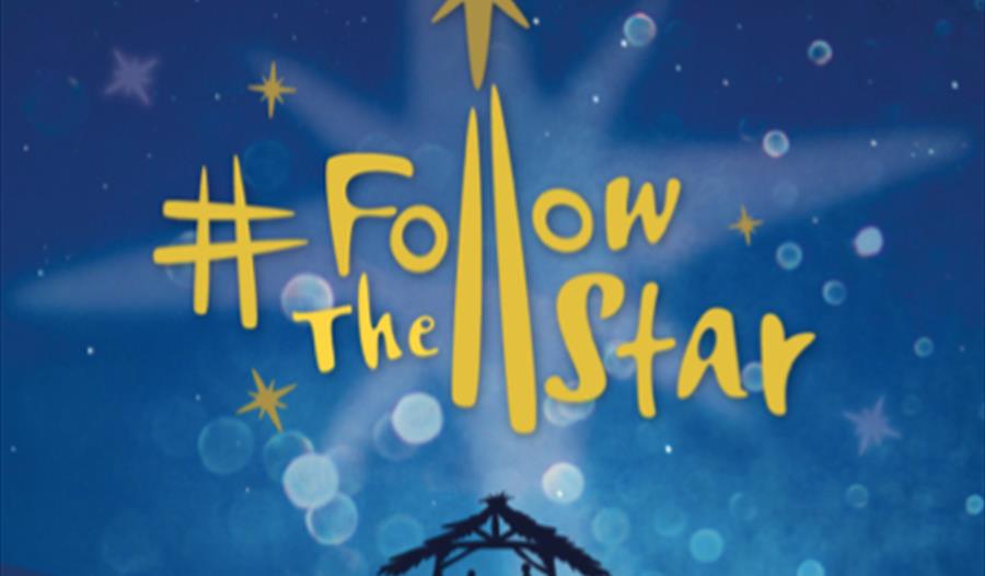 Yellow words on blue starry image