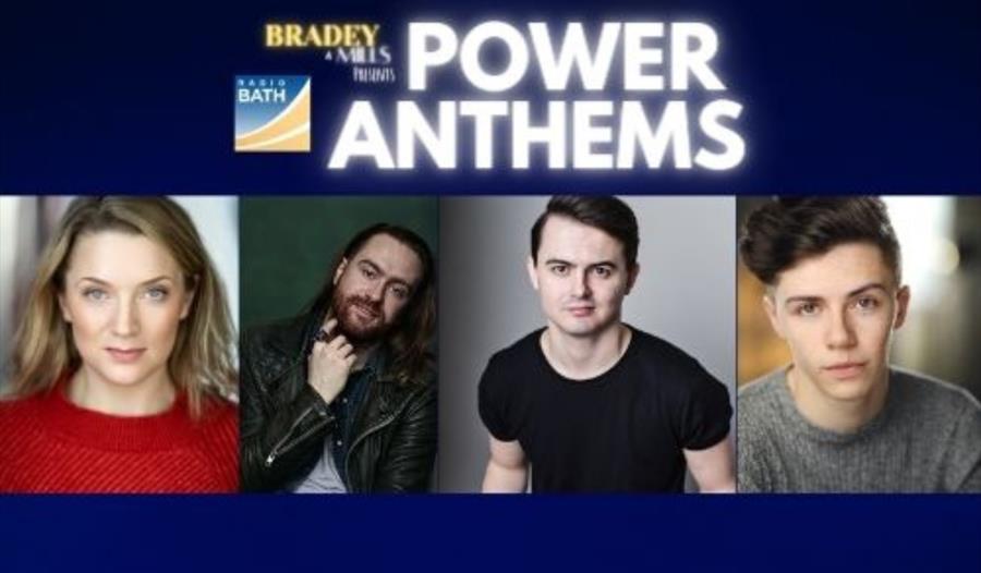 Four images of three men and a woman posing for the camera, beneath white lettering saying 'Power Ballads' against a purple background.