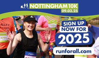 Graphic for the event with a photo of a smiling woman participating in a running event