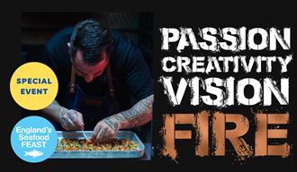 A chef preparing a tray of food alongside the words passion creativity vision fire