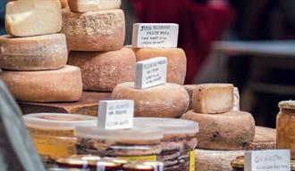 Image of a cheese selection at the Northern Dales Farmer's Market.
