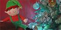 A close up of a Christmas elf toy next to a Christmas Tree.