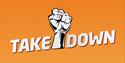 Logo for Takedown festival, featuring a balled fist and the event title against an orange background.