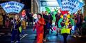 Head of Bolsover Lantern Parade with signs for the Parade and Junction Arts.