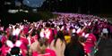 large crowd wearing pink t-shirts and light up bunny ears walking in the dark