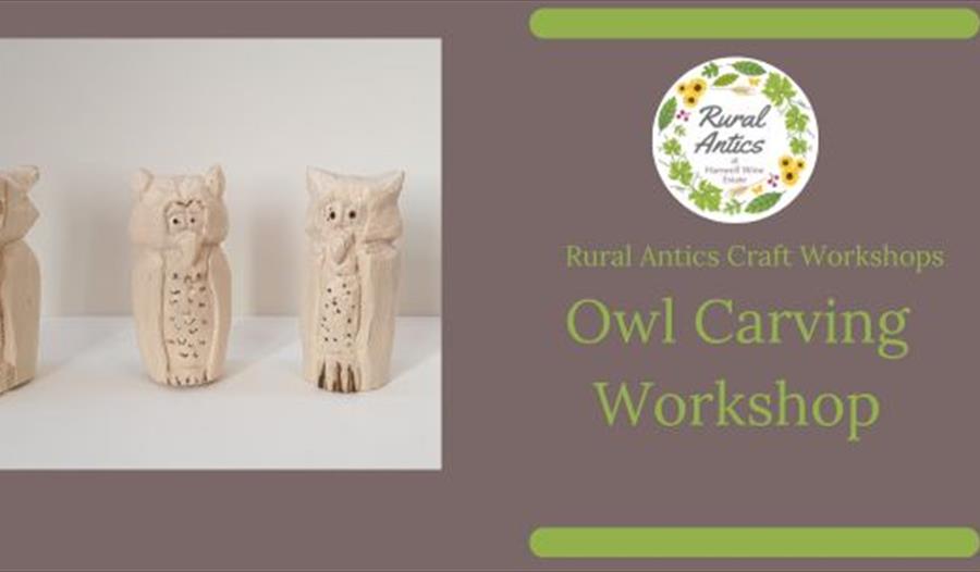 Graphic for the workshop including the name of the event and wooden carved owls.