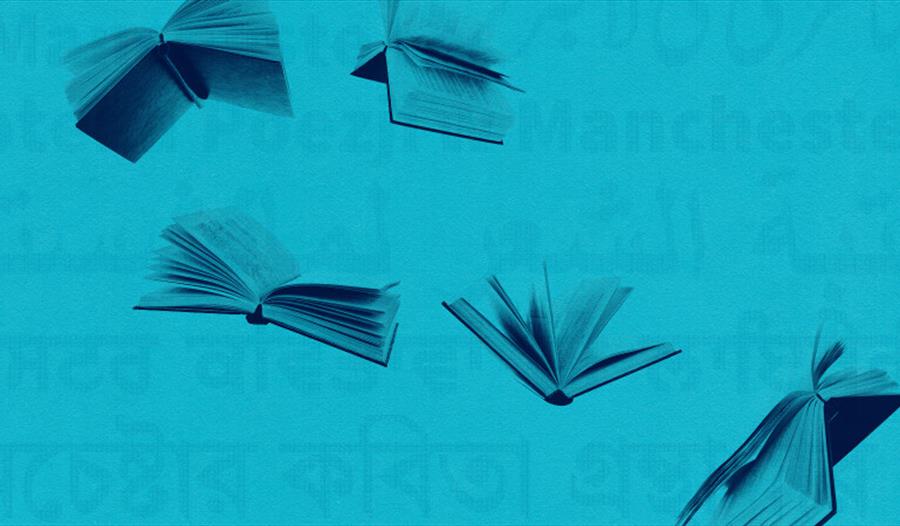 Blue poster with open books
