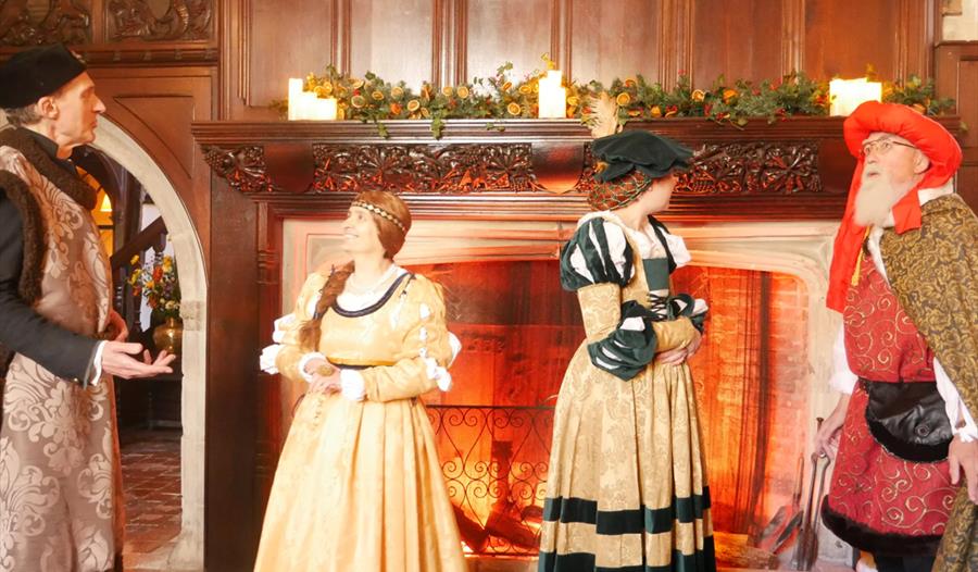 image shows people in tudor dress in front of a fire