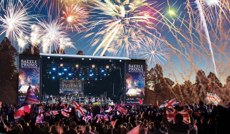 Large stage with spectacular fireworks behind