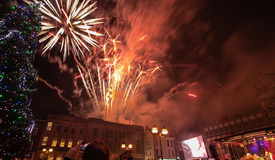 Christmas lights switched-on in Stafford Market Square with fireworks display