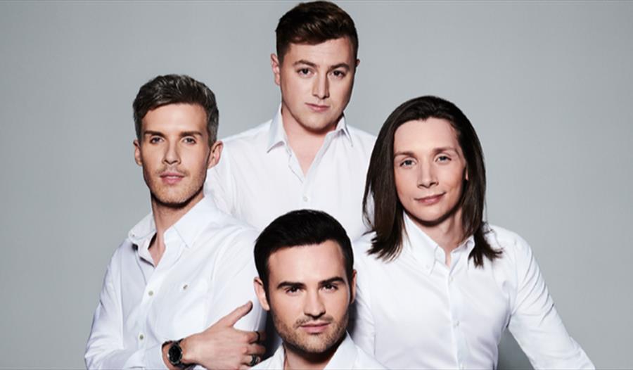 4 male members of the musical theatre group posing and facing the camera all wearing white shirts. grey background