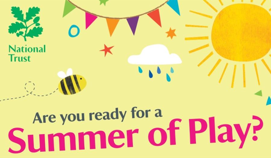 Illustration with a sun and rainbow, with the words 'are you ready for a summer of play'