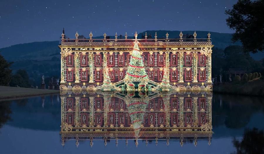 Chatsworth lit up with numbered windows of Advent