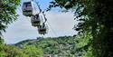 Three whit cable cars ascending a hillside, in the background there is a scenic view
