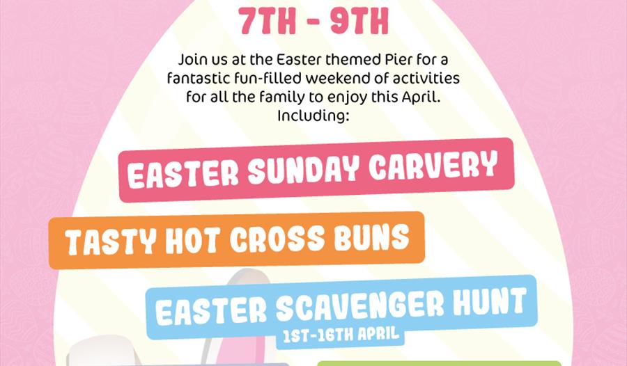 Pink flyer advertising Easter events on the Grand Pier