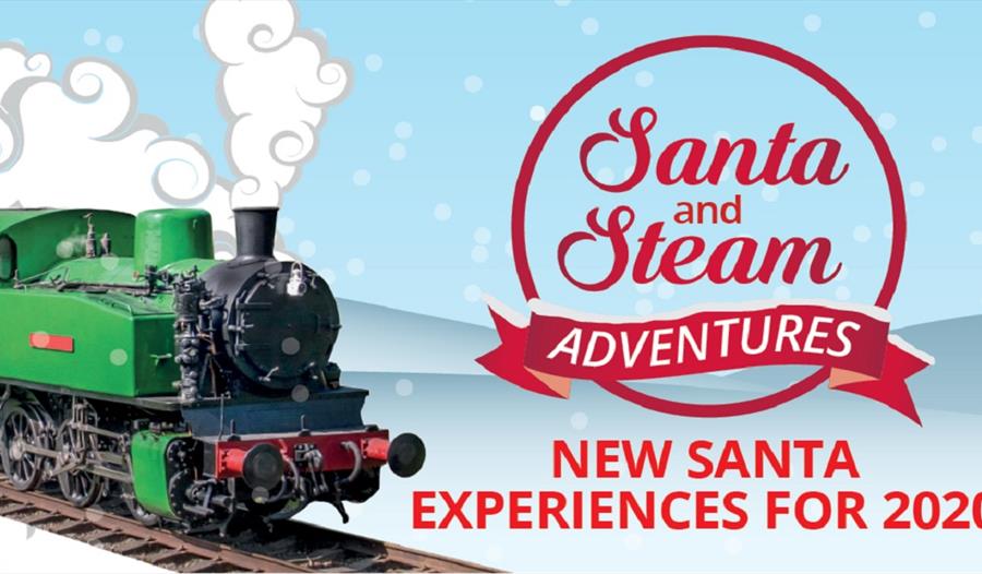 Image of green steam train on train tracks with the title "Santa and Steam Adventures".