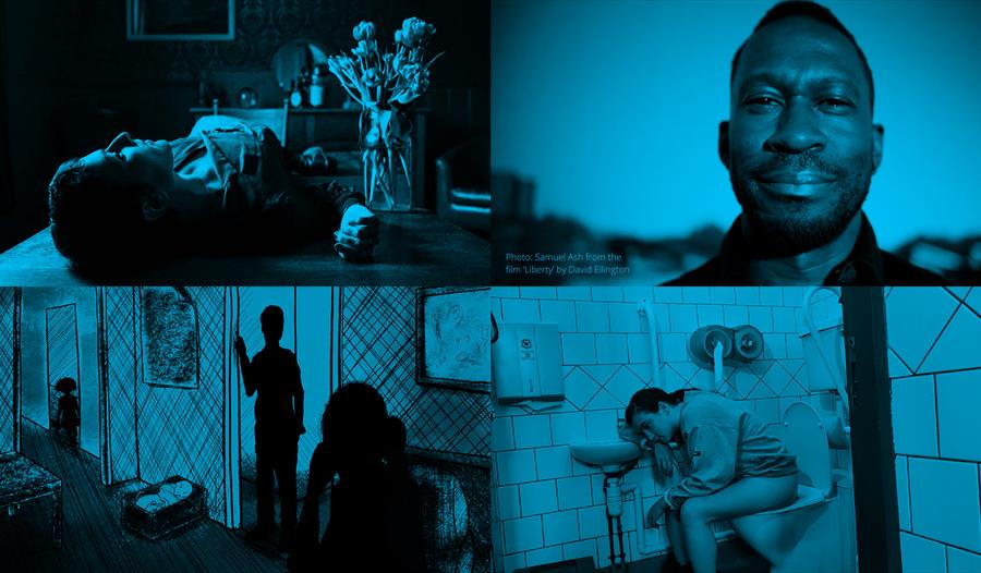 Blue collage of films stills