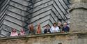 View of people on tower tour of Chesterfield Crooked Spire.