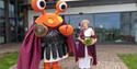 Isle of Wight Day character and lady dressed as a Roman standing outside Brading Roman Villa, Island Residents event, what's on