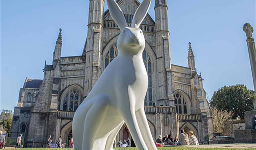 A Hare sculpture outside Winchester Cathedral to launch Hares of Hampshire event.