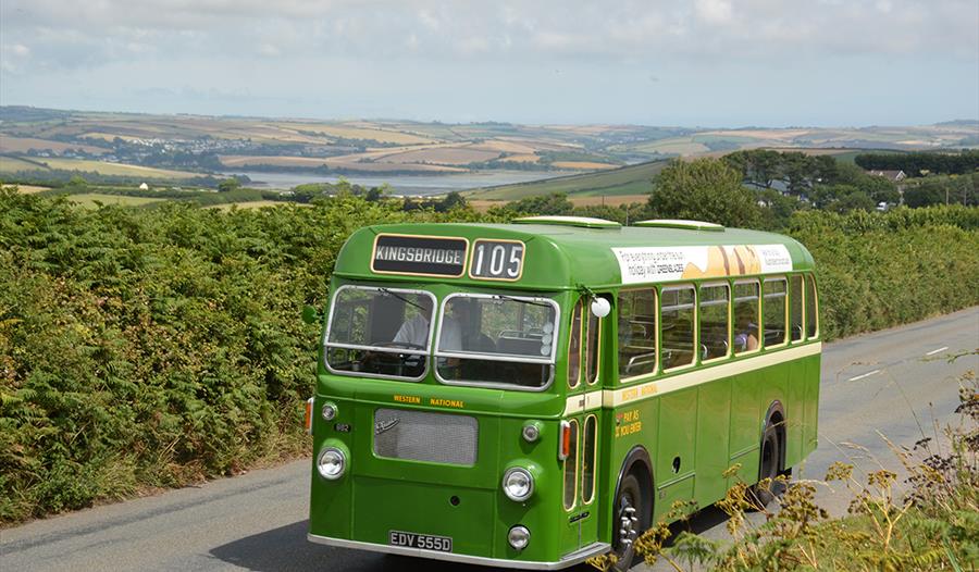Vintage bus with views of the Salcombe Estuary