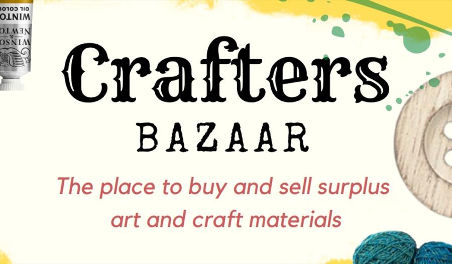 Words 'Crafters Bazaar' on a pain splashed background