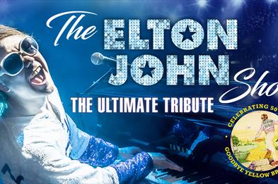 Photo of Elton John tribute with text "The Elton John Show The Ultimate Tribute"