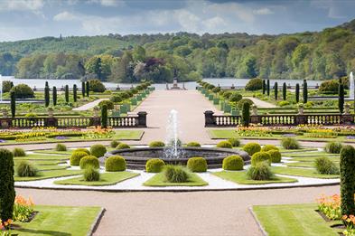 The Italian garden with lake beyond at the Trentham Estate, Stoke-on-Trent, Staffordshire.